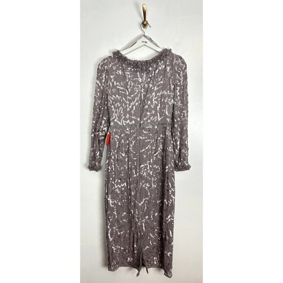 MAC DUGGAL Ruffle Neck Long Sleeve Sequin Midi Dress in Mauve Size US 6 - Picture 8 of 12